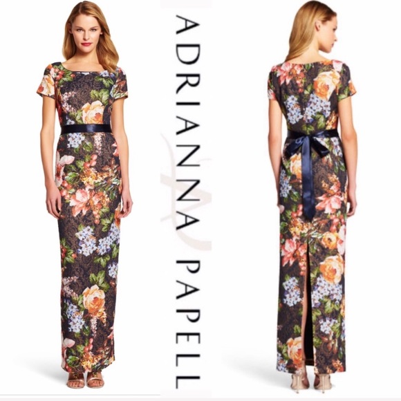Adrianna-Papell floral short sleeves long gown - Picture 2 of 11